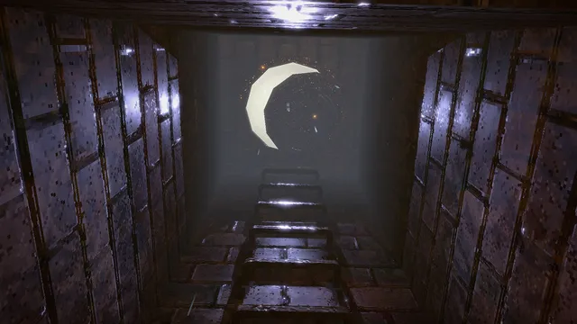 Lost in Vivo screenshot: a narrow shaft with a ladder rising toward a large crescent moon