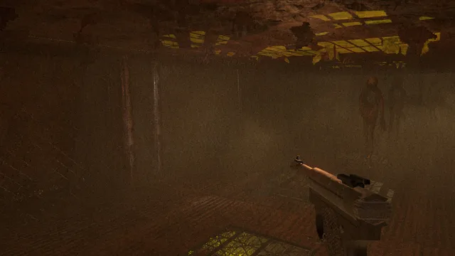 Lost in Vivo screenshot: a figure stands in a brown haze as you raise a pistol