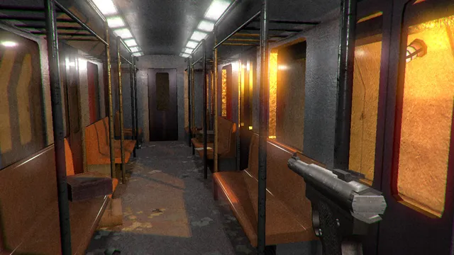 Lost in Vivo screenshot: holding a pistol inside an empty, lit subway car