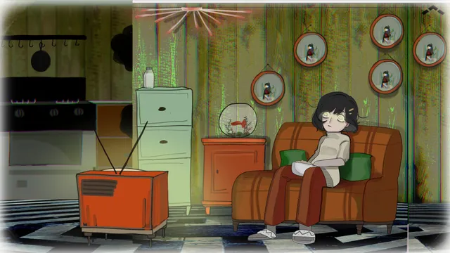 A girl asleep on an orange sofa in a cluttered green room with an old TV, a goldfish bowl and plates on the wall
