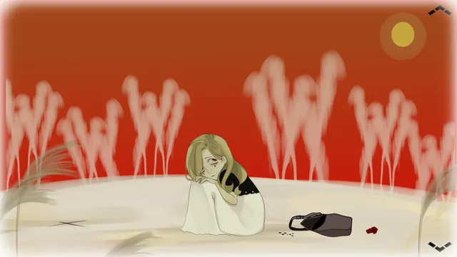 A blonde girl hugging her knees on pale ground under a red sky, beside a dropped bag and spots of blood