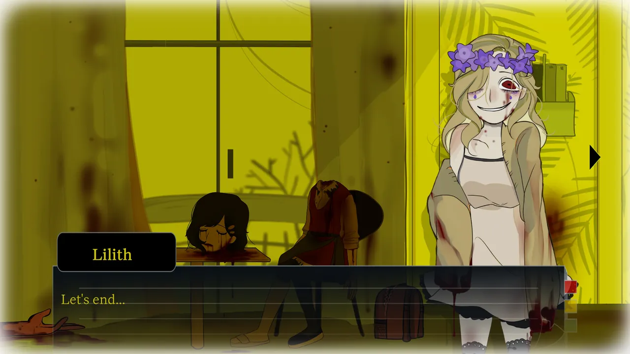 Lilith, a girl in a flower crown with one bleeding eye, smiling beside a slumped body at a yellow-lit table, saying Let's end