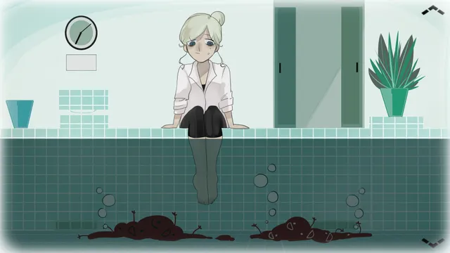 A pale woman sitting on the edge of a tiled pool, her feet in water where dark bloody shapes lie on the bottom