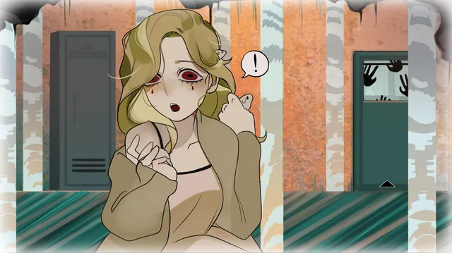 A blonde girl with red-ringed eyes startled in a hallway, with dark hand prints on the door behind her