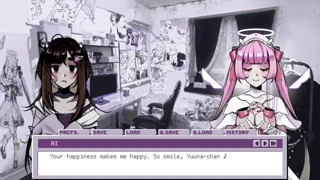 Love Angel Syndrome screenshot: Yuuna and Ai in Yuuna's cluttered bedroom as Ai tells her to smile