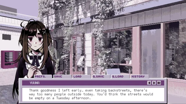 Love Angel Syndrome screenshot: Yuuna outside a cafe, relieved she left early to avoid the crowds