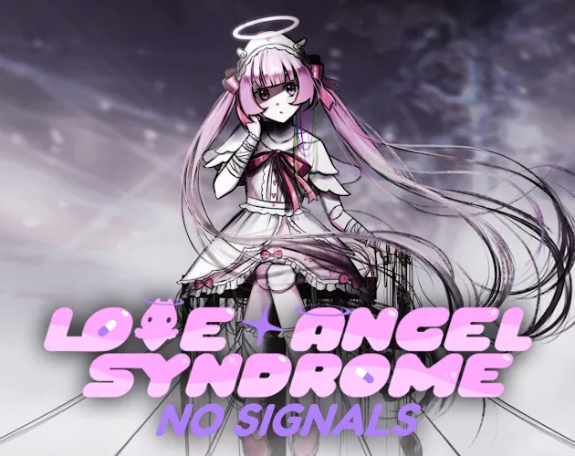 Love Angel Syndrome No Signals cover: Ai, a pink-haired magical girl with a halo and bandaged arms, sits among tangled wires above the pink title