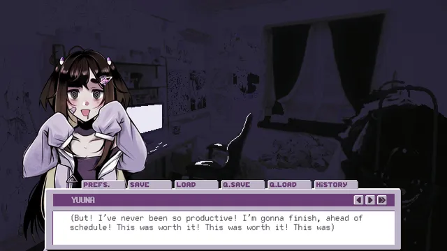 Love Angel Syndrome screenshot: Yuuna with spiral eyes and a forced grin in her dark room, insisting it was worth it