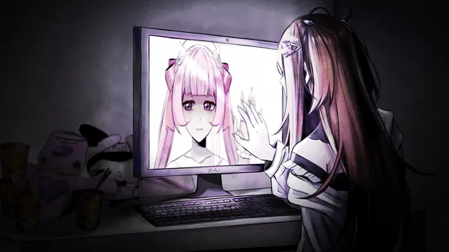 Love Angel Syndrome CG: Yuuna, in a dark room beside cup noodles and plush toys, presses her hand to a monitor where pink-haired Ai looks back at her