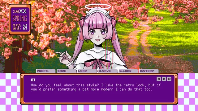 Love Angel Syndrome screenshot: Ai under pixel-art cherry blossoms on spring day 24, offering to change the game's style