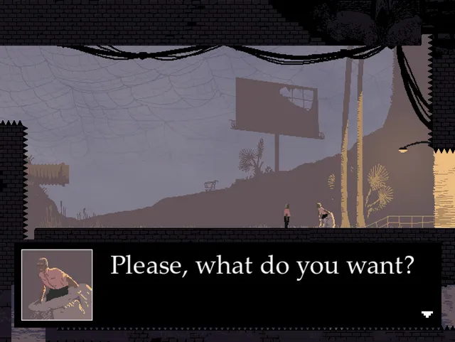 LOVE ETERNAL dialogue scene by a ruined roadside billboard, a crouching man asking Please, what do you want?
