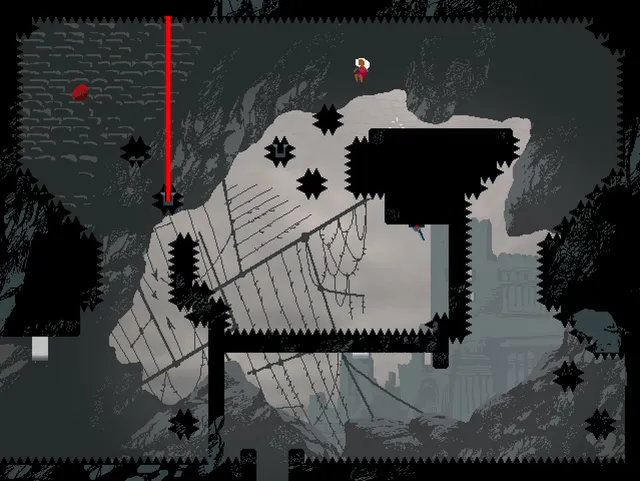 LOVE ETERNAL room in grey ruins with spiked walls, a red laser beam and Maya at the top of the screen