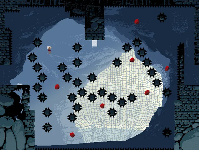 LOVE ETERNAL platforming room: Maya leaps among dozens of black spiked blocks and red gems in a pale stone cavern