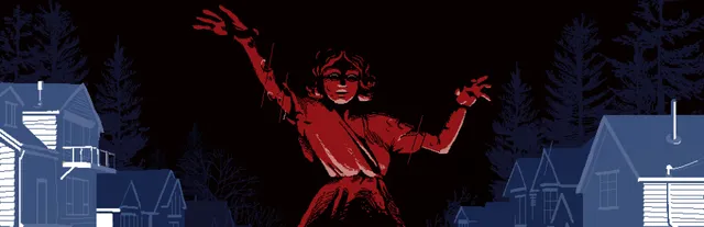 LOVE ETERNAL key art: a giant red figure with raised arms looms over dark suburban houses and pine trees at night
