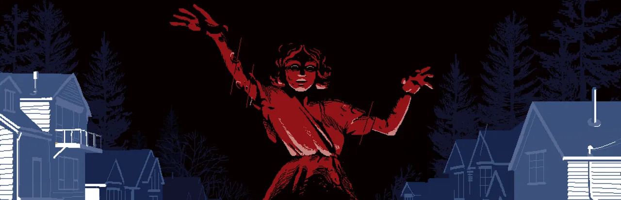 LOVE ETERNAL key art: a giant red figure with raised arms looms over dark suburban houses and pine trees at night