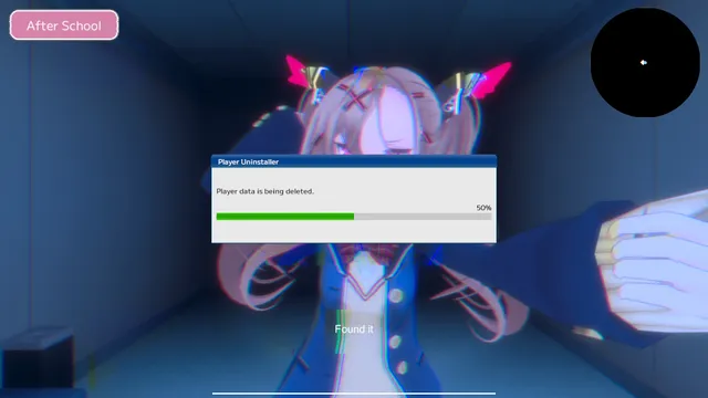 Love Love School Days screenshot: the heroine reaching for the player while a Player Uninstaller window deletes player data