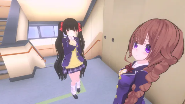 Love Love School Days screenshot: two schoolgirls on a stairway in the bright school by day