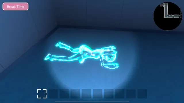 Love Love School Days screenshot: a glowing blue outline of a body lying on a dark floor