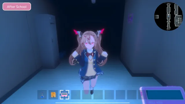 Love Love School Days screenshot: the heroine running down a dark school corridor towards the player