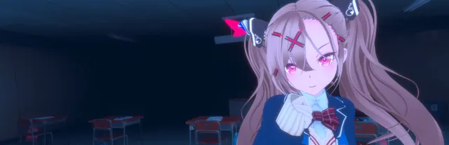 Love Love School Days key art: the heroine Machina with long twin tails and a red cross hairpin in a dark classroom