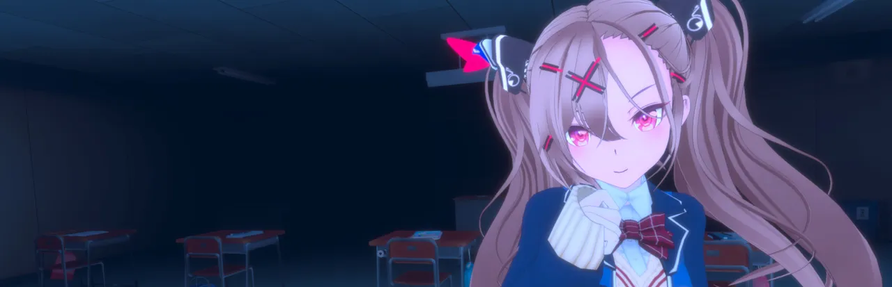 Love Love School Days key art: the heroine Machina with long twin tails and a red cross hairpin in a dark classroom