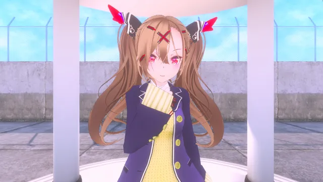 Love Love School Days screenshot: the heroine smiling on a sunny school rooftop