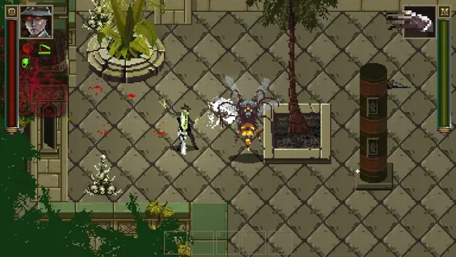 Lovecraft's Untold Stories screenshot: the ghoul slashing a giant winged insect creature on a temple floor scattered with blood and bones