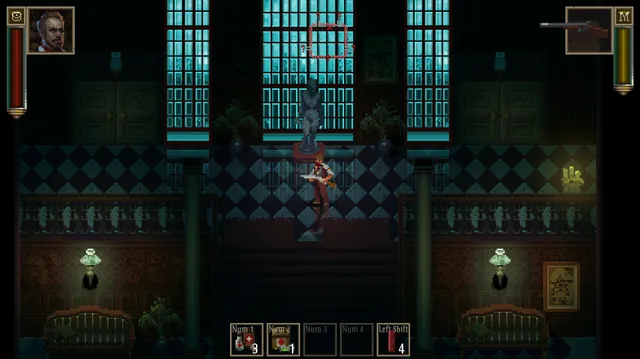 Lovecraft's Untold Stories screenshot: the detective with a shotgun in the hall of a dark Victorian mansion, before a statue and tall blue windows