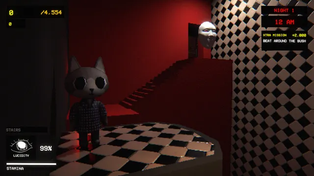 A cat-headed player on a chequered floor below a red staircase, where a pale mask floats in the doorway at the top