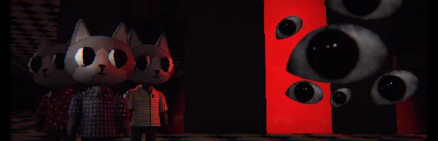 Lucid Cats key art: three cat-headed figures in shirts stand in the dark beside a red wall covered in staring eyes