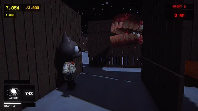 A grey cat-headed player in a plaid shirt hides by a wooden fence while a giant floating set of teeth hovers in a snowy night alley