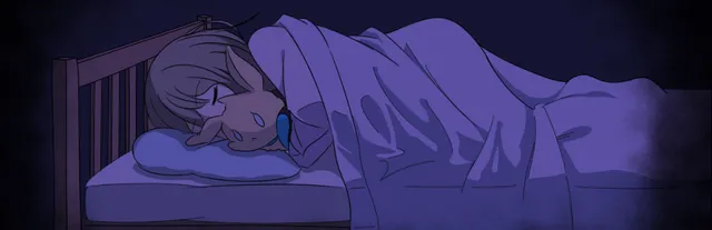 Lucid Dream key art: a girl asleep in bed under a blanket, bathed in blue night light