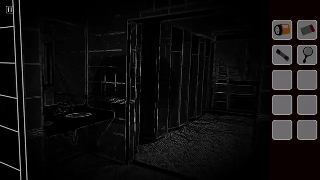 A washroom with sinks and stalls drawn in white outlines on black