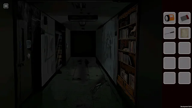 A dark, littered corridor with bookshelves and scrawled walls, with the item inventory on the right