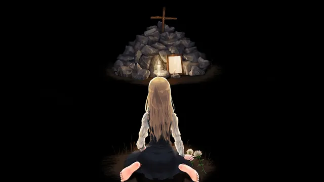 A long-haired girl kneeling barefoot before a pile of stones with a cross and a candle in the dark