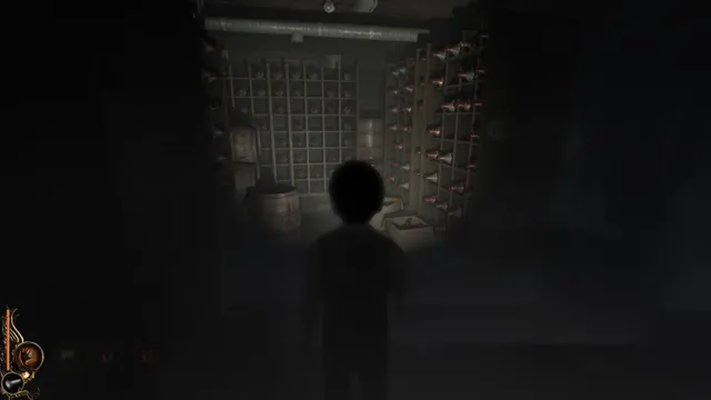 Lucius in a dark wine cellar lined with bottle racks