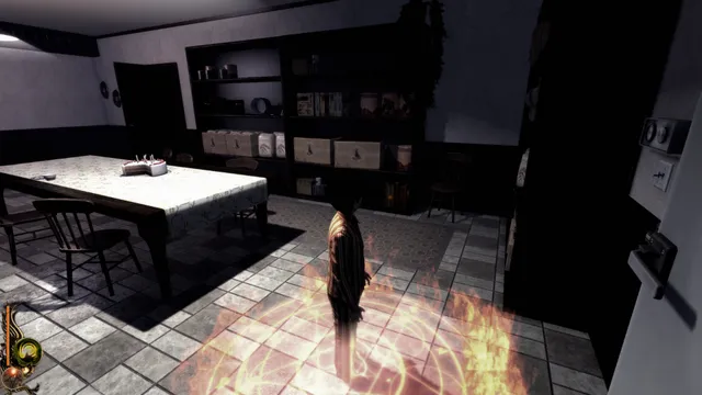 Lucius in the manor kitchen with a glowing red occult circle at his feet