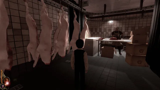 Lucius standing in a tiled cold room hung with meat carcasses while a cook works at a table