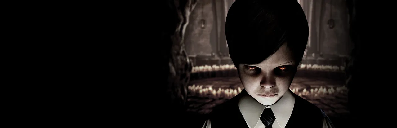 Lucius key art: a pale boy in a black suit and tie staring out of the dark