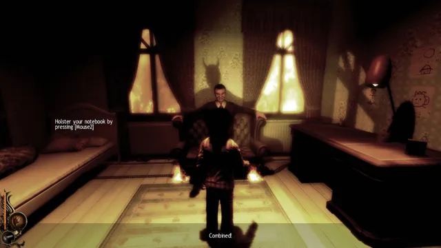 Lucius sitting in a lamp-lit study as a man in a chair casts a shadow with devil horns