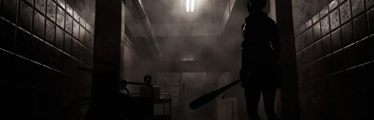 Lumina Veil art: a silhouetted figure holding a bat stands in a smoky, tiled corridor lit by a strip light