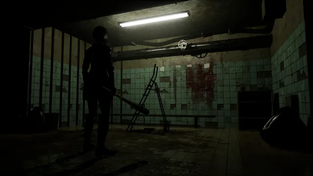 The heroine with a bat in a dingy tiled basement room, blood streaked down the wall beside a ladder