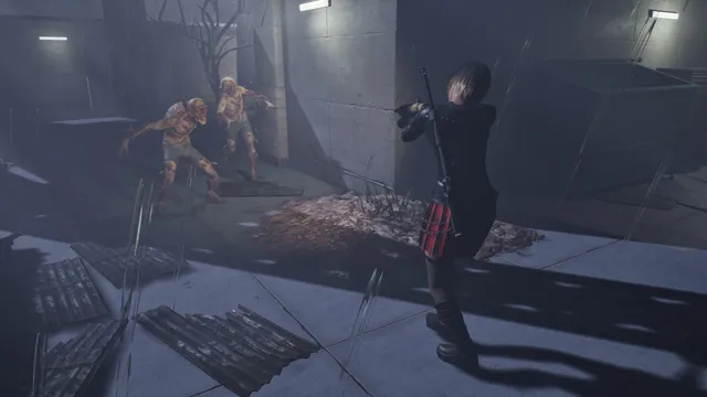 Over-the-shoulder view aiming a pistol at two hunched, skinless creatures in a rainy back alley