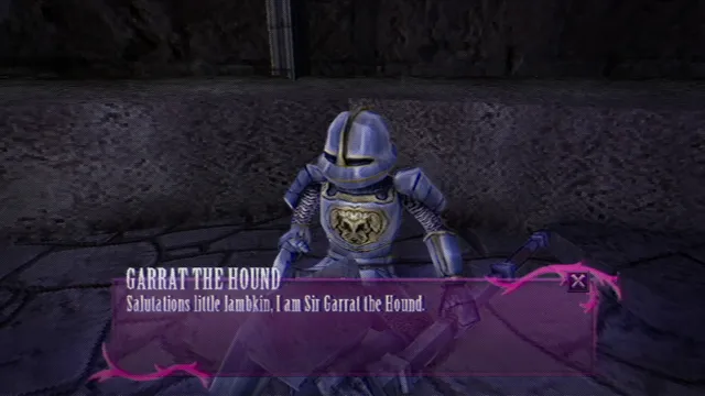 Lunacid screenshot: an armoured knight, Garrat the Hound, greets you in a dark dungeon