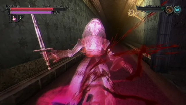 Lunacid screenshot: a glowing pink spectre bleeds as you strike it with a sword in a stone corridor