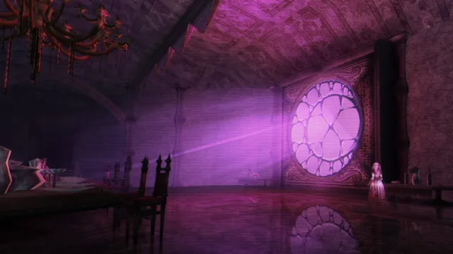 Lunacid screenshot: a pale figure stands in a vast purple hall beneath a round stained-glass window
