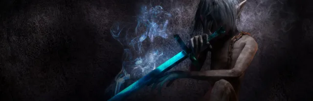 Lunacid key art: a pale, gaunt figure with pointed ears holds a glowing blue sword in the dark