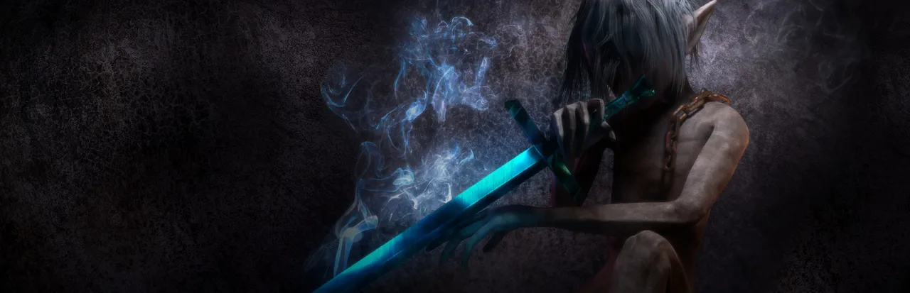 Lunacid key art: a pale, gaunt figure with pointed ears holds a glowing blue sword in the dark