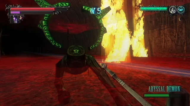 Lunacid screenshot: fighting an Abyssal Demon in a red, burning cavern