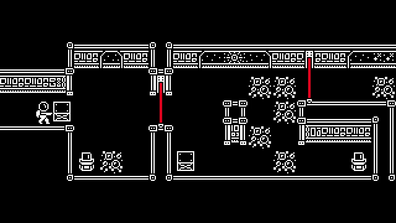 Lunar Station screenshot: a small astronaut in 1-bit station rooms of crates, machines and red laser barriers